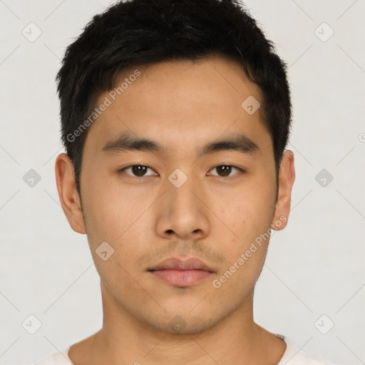 Neutral asian young-adult male with short  black hair and brown eyes