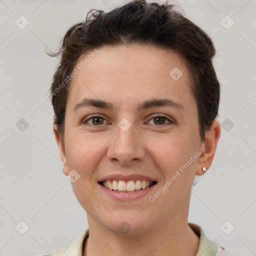 Joyful white young-adult female with short  brown hair and brown eyes