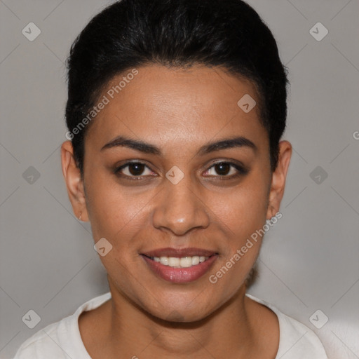 Joyful latino young-adult female with short  brown hair and brown eyes