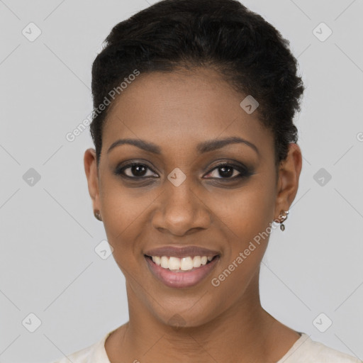 Joyful black young-adult female with short  black hair and brown eyes