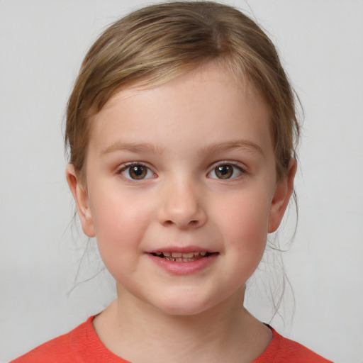 Joyful white child female with medium  brown hair and brown eyes