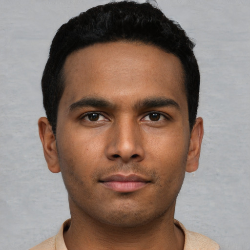 Neutral asian young-adult male with short  black hair and brown eyes