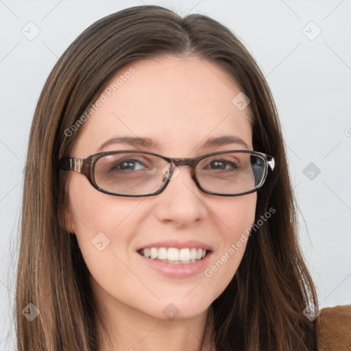 Joyful white young-adult female with long  brown hair and blue eyes