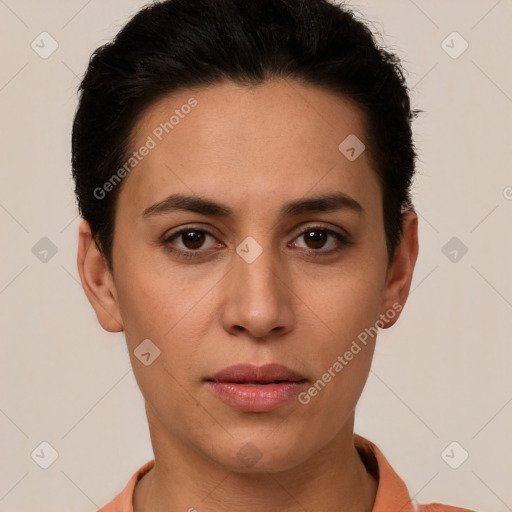 Joyful white young-adult female with short  brown hair and brown eyes