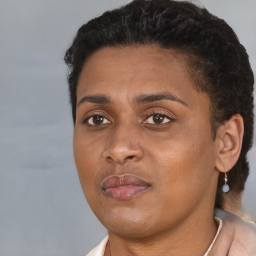 Neutral black young-adult female with short  black hair and brown eyes