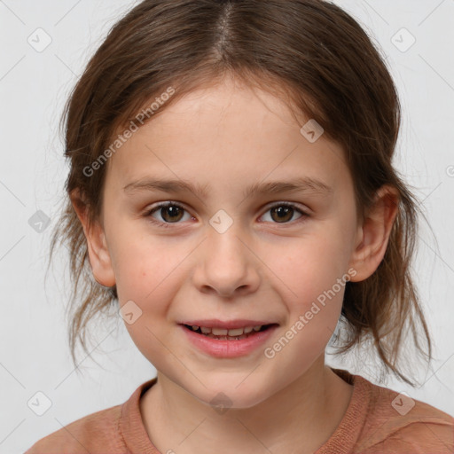 Joyful white child female with medium  brown hair and brown eyes