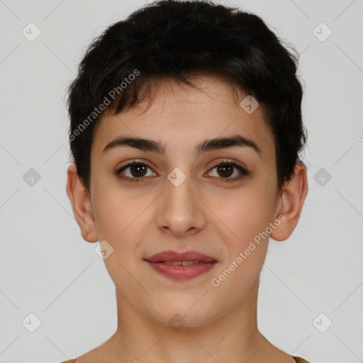 Joyful white young-adult female with short  brown hair and brown eyes