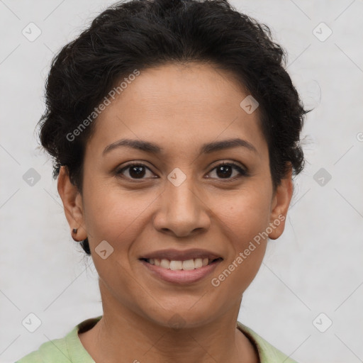 Joyful latino young-adult female with short  brown hair and brown eyes