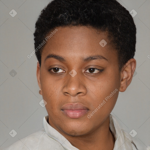 Neutral black young-adult female with short  brown hair and brown eyes