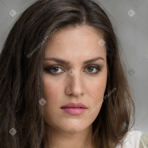 Neutral white young-adult female with long  brown hair and brown eyes