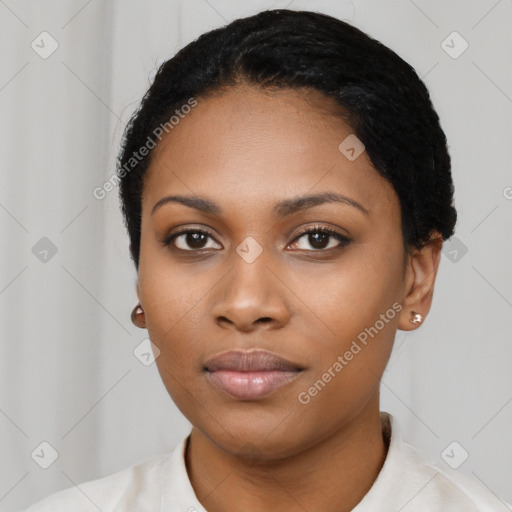 Neutral black young-adult female with short  black hair and brown eyes