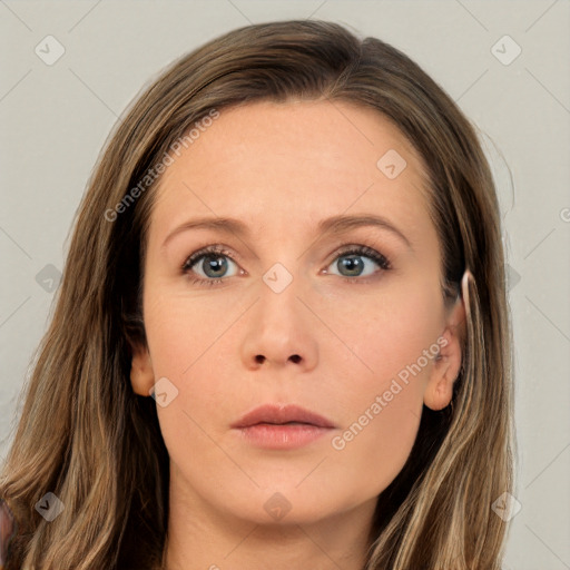 Neutral white young-adult female with long  brown hair and grey eyes