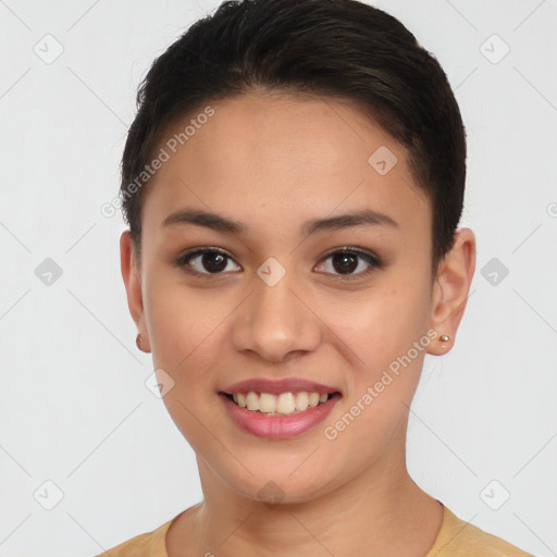 Joyful white young-adult female with short  brown hair and brown eyes