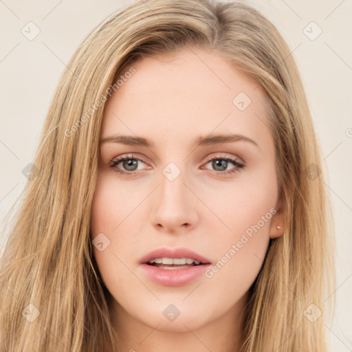 Neutral white young-adult female with long  brown hair and brown eyes