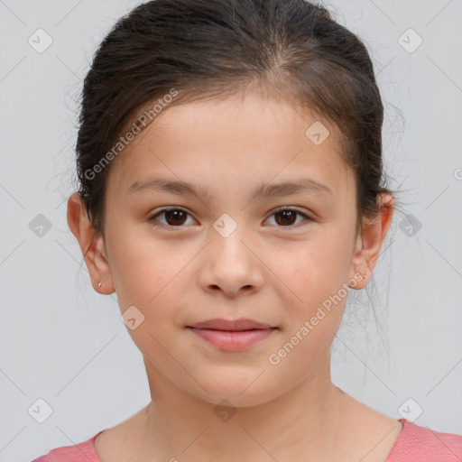 Joyful white child female with medium  brown hair and brown eyes