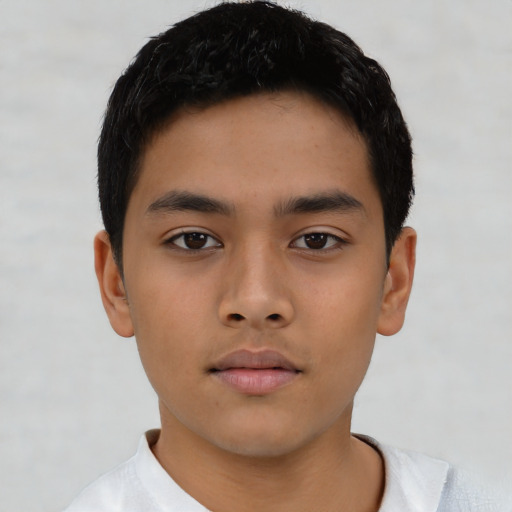 Neutral asian child male with short  black hair and brown eyes