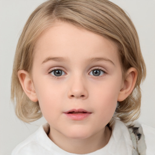 Neutral white child female with medium  brown hair and grey eyes