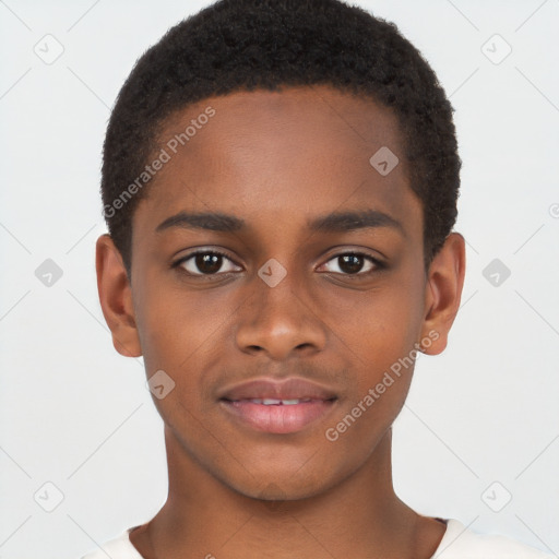 Joyful black young-adult male with short  brown hair and brown eyes