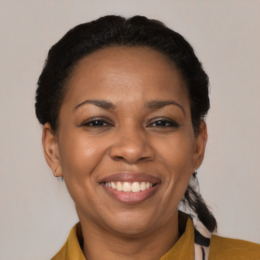 Joyful black adult female with medium  brown hair and brown eyes