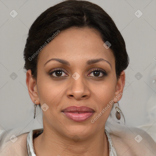 Joyful latino young-adult female with medium  brown hair and brown eyes