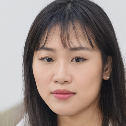 Neutral asian young-adult female with long  brown hair and brown eyes