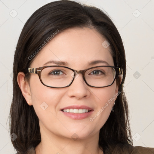 Joyful white young-adult female with medium  brown hair and blue eyes