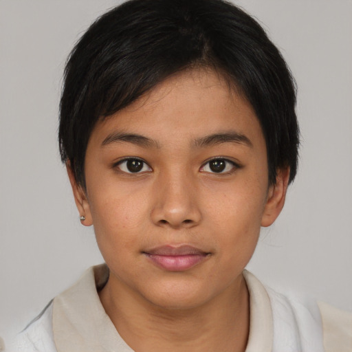 Neutral asian young-adult female with short  brown hair and brown eyes