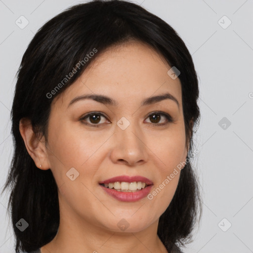 Joyful white young-adult female with medium  brown hair and brown eyes