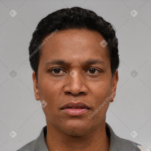 Joyful latino adult male with short  black hair and brown eyes