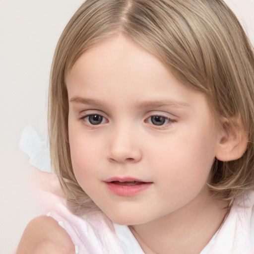 Neutral white child female with medium  brown hair and grey eyes