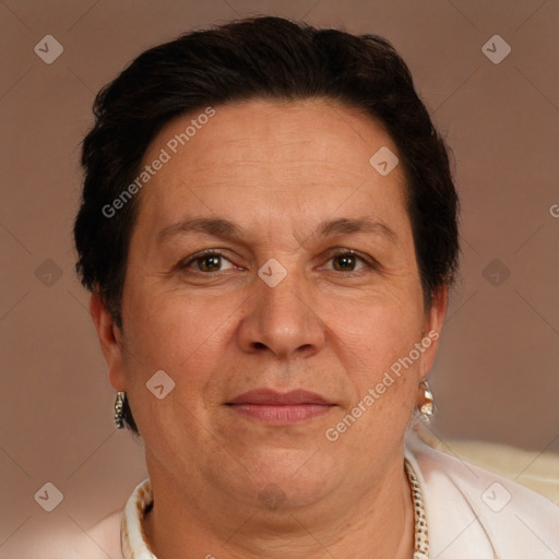 Joyful white adult female with short  brown hair and brown eyes