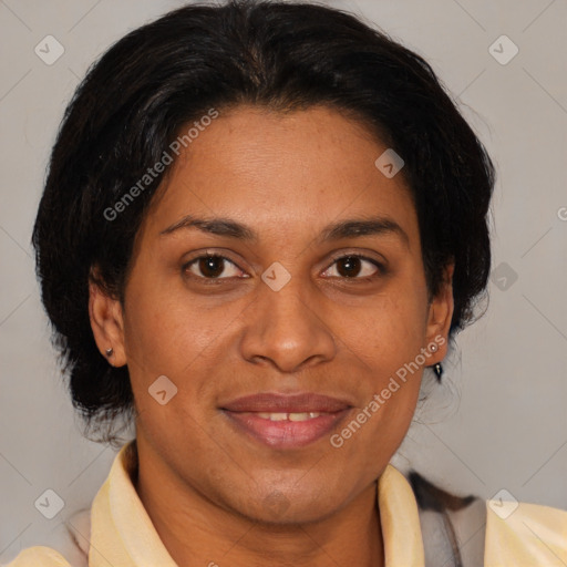 Joyful asian adult female with medium  brown hair and brown eyes