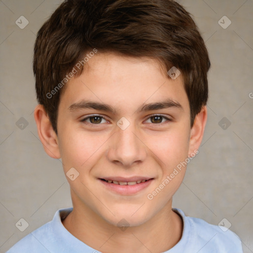 Joyful white child male with short  brown hair and brown eyes