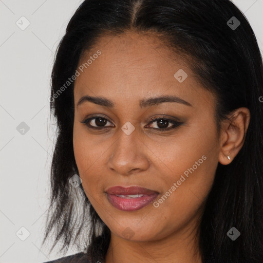 Joyful asian young-adult female with long  brown hair and brown eyes