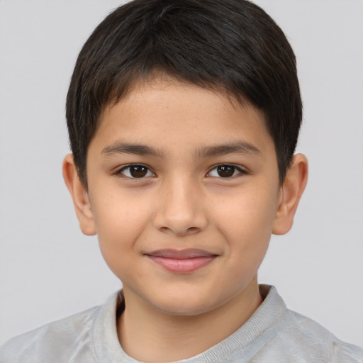 Joyful asian child male with short  brown hair and brown eyes