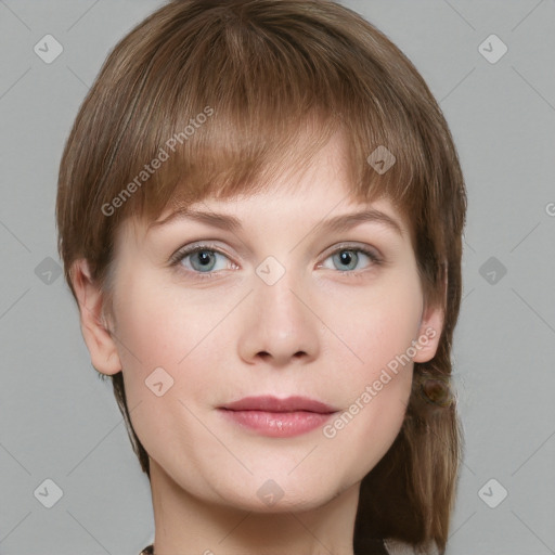 Neutral white young-adult female with medium  brown hair and grey eyes