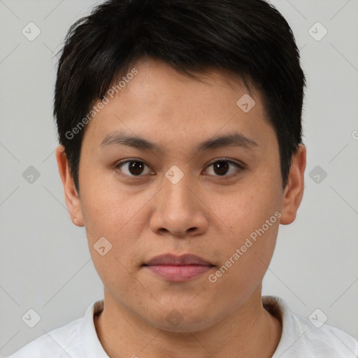 Neutral asian young-adult male with short  brown hair and brown eyes