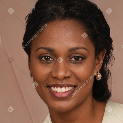 Joyful black young-adult female with medium  black hair and brown eyes