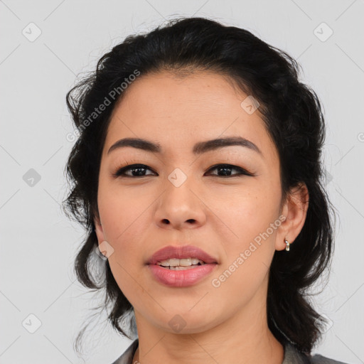 Joyful asian young-adult female with medium  black hair and brown eyes