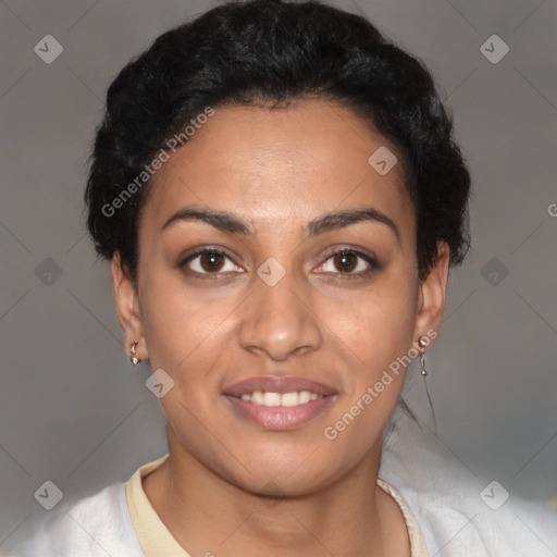 Joyful white young-adult female with short  black hair and brown eyes