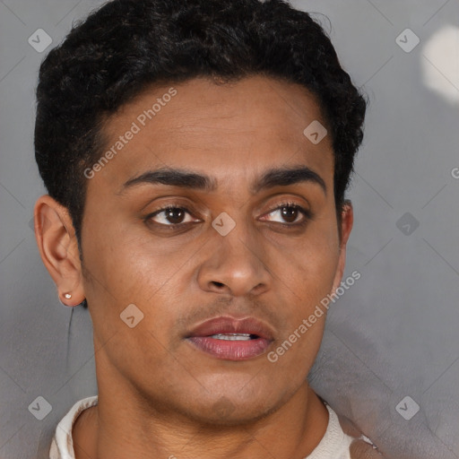 Neutral black young-adult male with short  brown hair and brown eyes