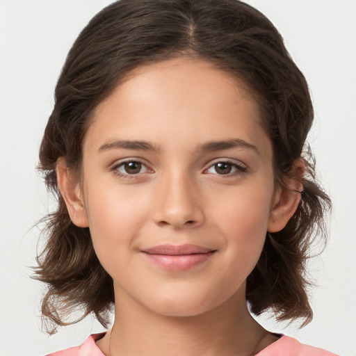 Joyful white child female with medium  brown hair and brown eyes