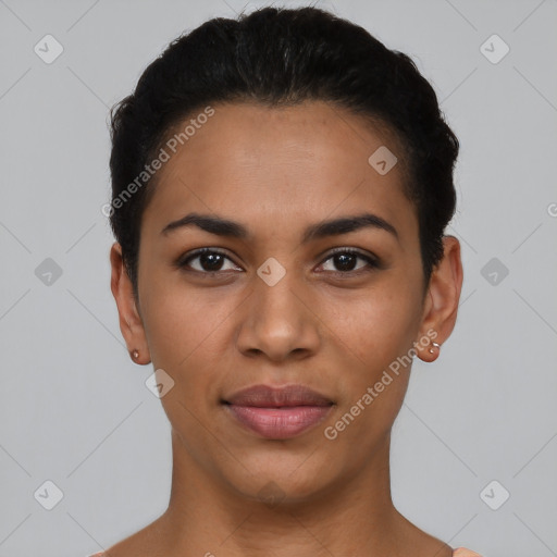 Joyful latino young-adult female with short  black hair and brown eyes