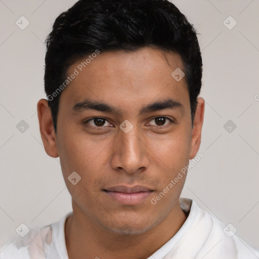 Neutral asian young-adult male with short  brown hair and brown eyes