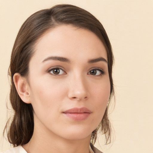 Neutral white young-adult female with medium  brown hair and brown eyes