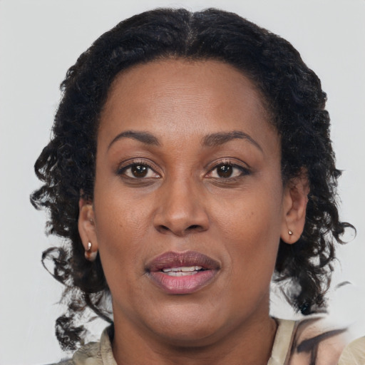 Joyful black adult female with long  brown hair and brown eyes