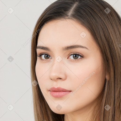 Neutral white young-adult female with long  brown hair and brown eyes