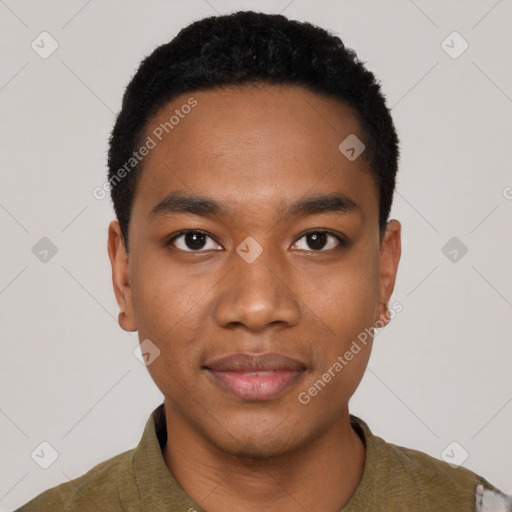 Joyful black young-adult male with short  black hair and brown eyes