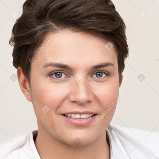 Joyful white young-adult female with short  brown hair and grey eyes