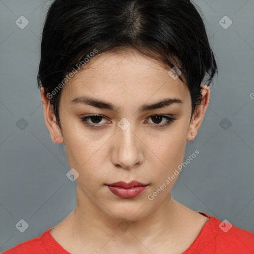 Neutral white young-adult female with short  brown hair and brown eyes